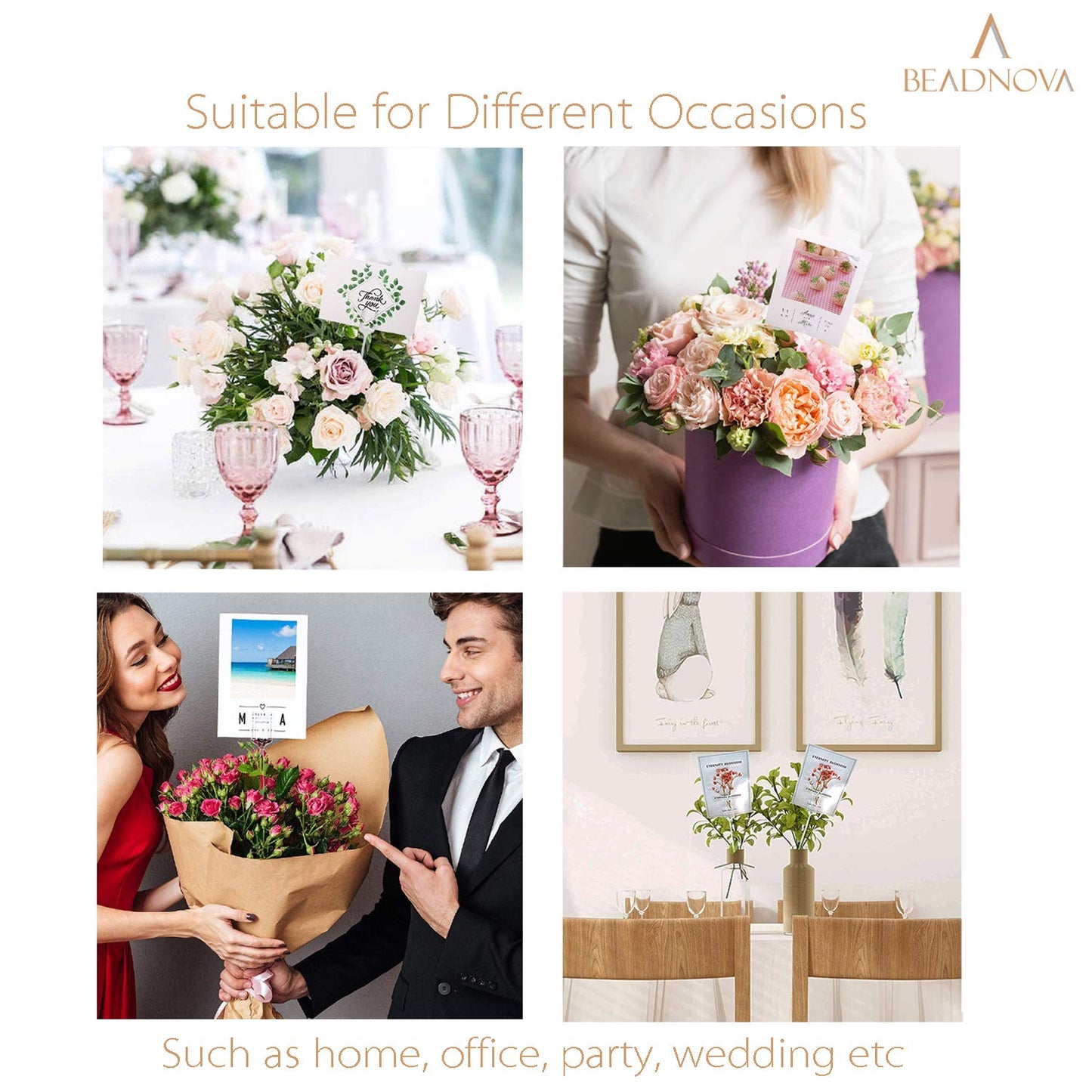 BEADNOVA Floral Card Holder Picks 50pcs 12inch Flower Plastic Floral Pick Holder for Card Photos Wedding Birthday Party Decoration (Fork Shape Head)