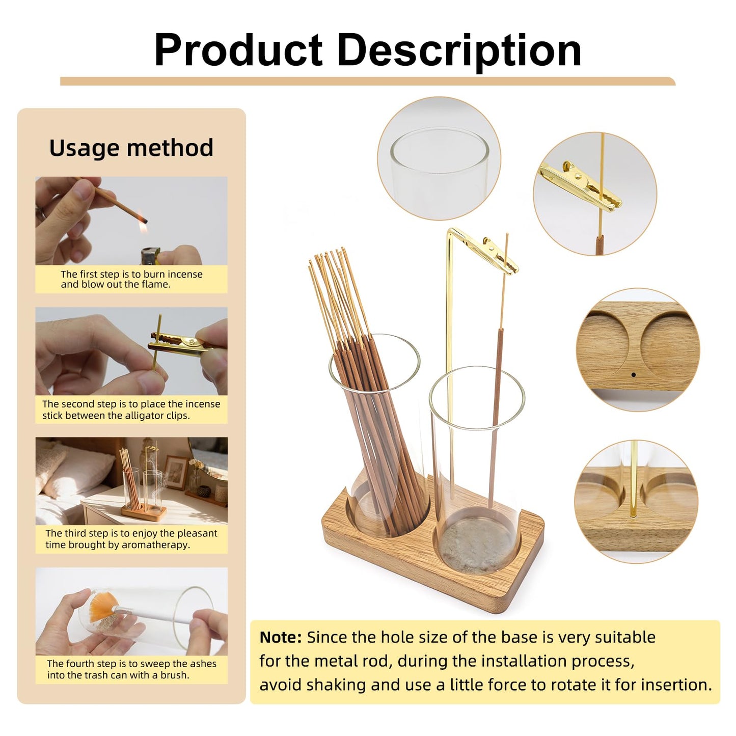 Acacia Incense Holder for Sticks, 2 in 1 Incense Burner with Glass Ash Catcher, 20 Incense Sticks and Brush, Backflow Incense Burner, Incense Burner for Meditation Yoga Spa
