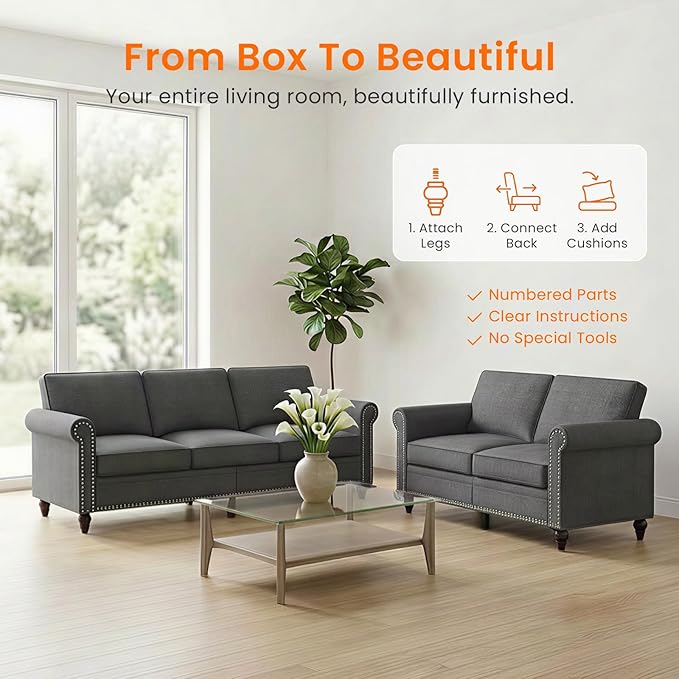 Living Room Sofa Sets 2 Piece, Modern 3 Seater Sofa and Loveseat Couch Sets