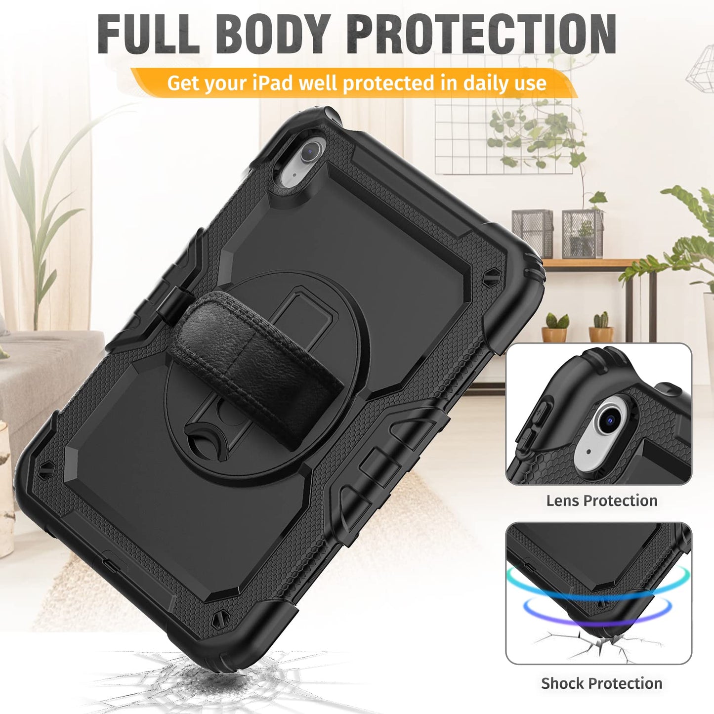 SEYMCY Case for iPad (A16) 11th/10th Generation 2025 (11 inch)/2022 (10.9 inch), Full-body Shockproof with Screen Protector, 360° Rotating Stand & Hand Strap, Carrying Strap, Pencil Holder, Black