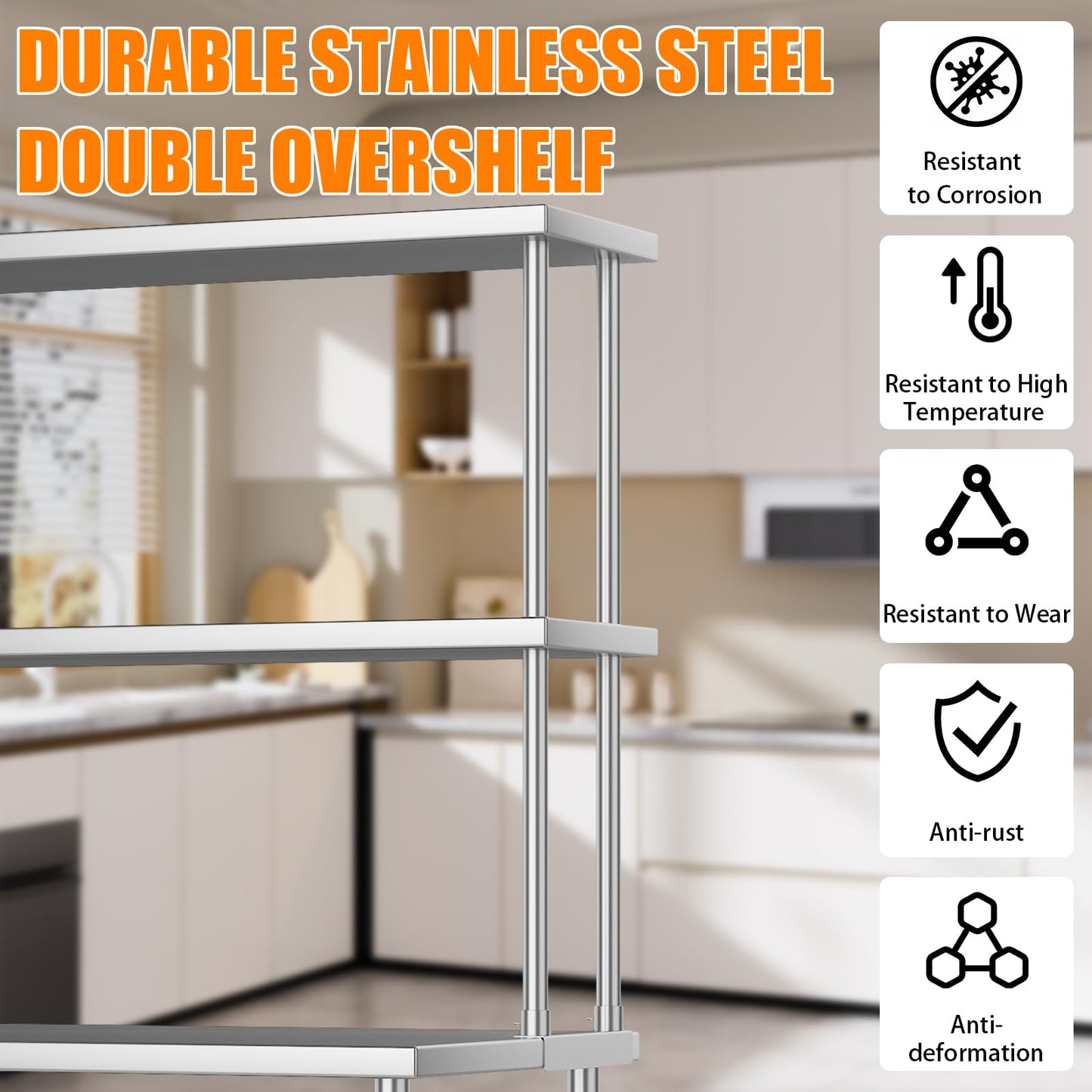PeacefulHues 12x48 Double Utility Shelves Rack Deck Stainless Steel Prep Table Worktable Workstation with Undershelf, Stainless Steel Tables for Kitchen Home Prep Work Table