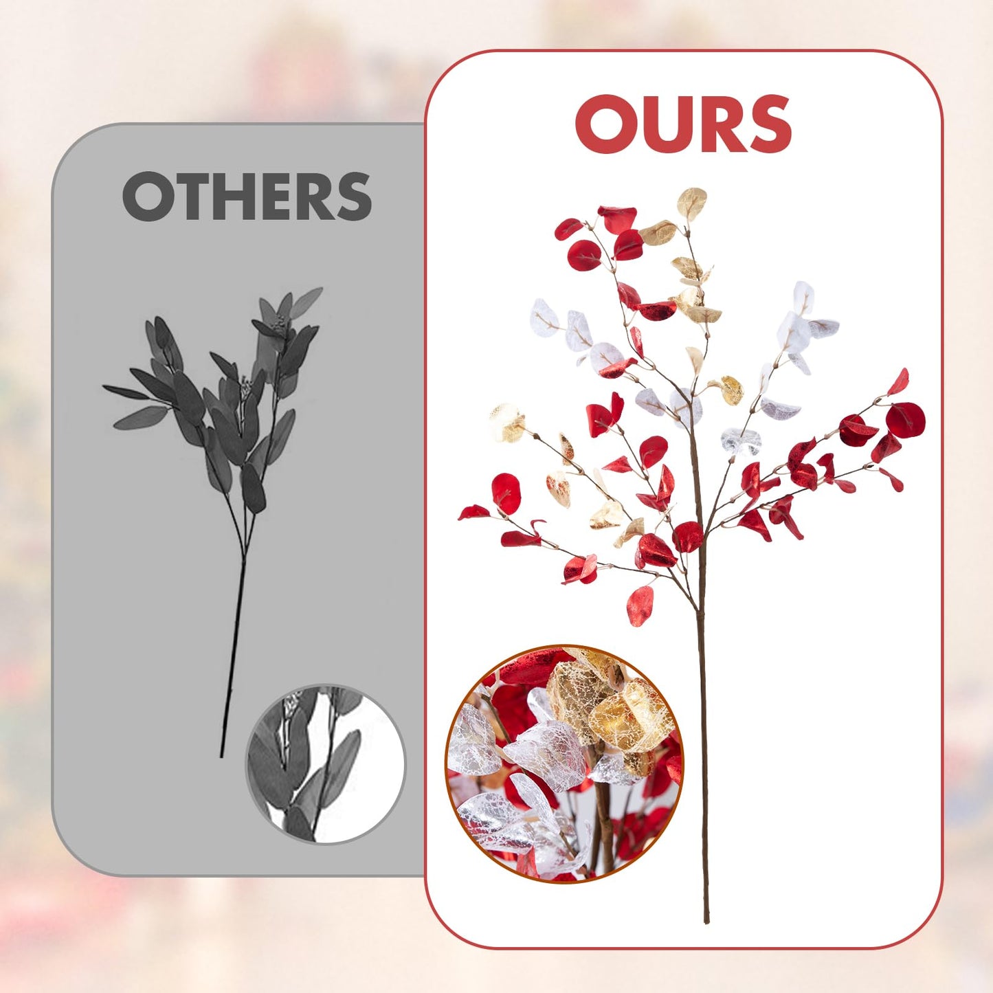 Voqoza 6pcs Eucalyptus Stems Fake Red Gold Silvery Christmas Decorations Leaves Artificial Silk Flowers Bouquet Faux Branches Centerpiece Flores Plants for Home Party Decor Wedding Decoration