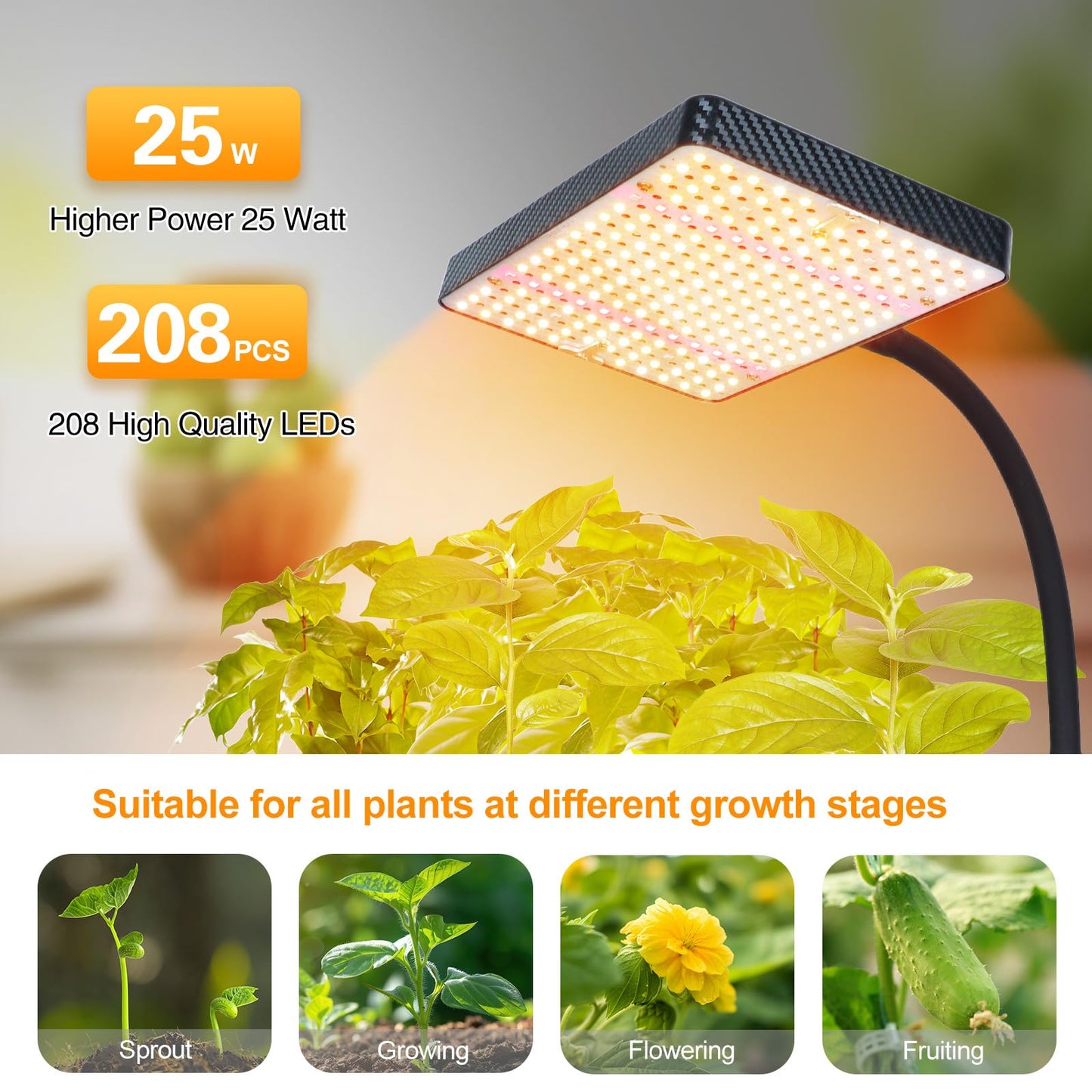 FECiDA 2026 Grow Lights with Stand, Standing Grow Lights for Indoor Plants, Bonsai Tree, 4/8/12/16/20H Timer, 25 Watt Power Draw, NO Need Adapter, Daisy Chain Function, 24"-64" Height Adjustable