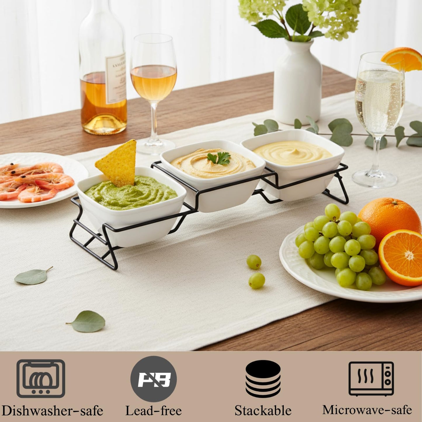 ZENFUN 10 oz Square Bowl Chip & Dip Serving Set, Pocelain Ramekin Bowls with Metal Rack Stand, White Small Serving Dishes, Condiment Serving Tray for Entertaining, Party, Buffets, Christmas