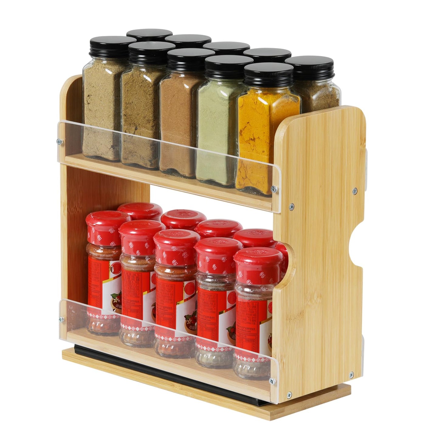 Memxike 2 Tier Pull Out Spice Rack Organizer, Bamboo Sliding Spice Rack for Kitchen Cabinet, (4.4" W x 10.6" D x 10.4" H) Spice Storage, Pantry Organization