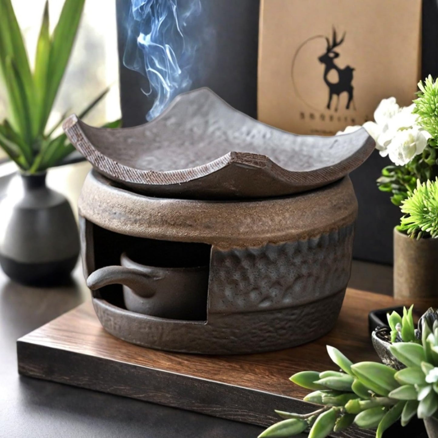 Candle Warmer Lamp, Ceramic Aromatherapy Diffuser, Wax Warmer for Scented Wax, Includes Wooden Clips and Pads & Pine Wood Base for Meditation, Yoga, Home & Office Décor