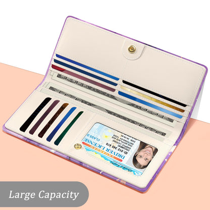 TMOODEL Wallet Women, Cute Marble RFID Blocking Credit Card Holder for Women, Slim Thin Leather Bifold Ladies Purse, Clutch Billfold Card Holder Wallets with 11 Card Slots & ID Window, Purple Abstract