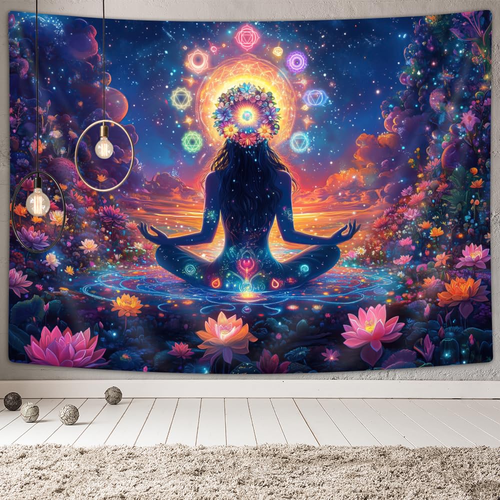 DYNH Chakra Tapestry,Yoga Meditation Wall Hanging,Psychedelic Hippie Galaxy Space Lotus Spiritual Tapestries Zen Room Decor for Bedroom Living Room,60X40IN