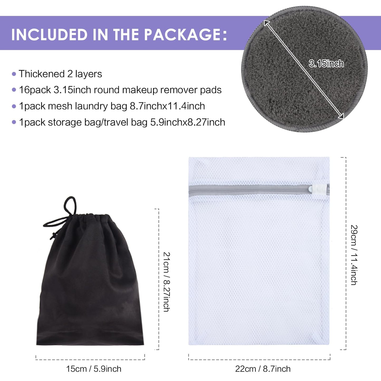 Sunland 16 Pack Reusable Makeup Remover Pads Microfiber Facial Cleansing Pads Washable Face Wipe Rounds with Laundry Bag Grey