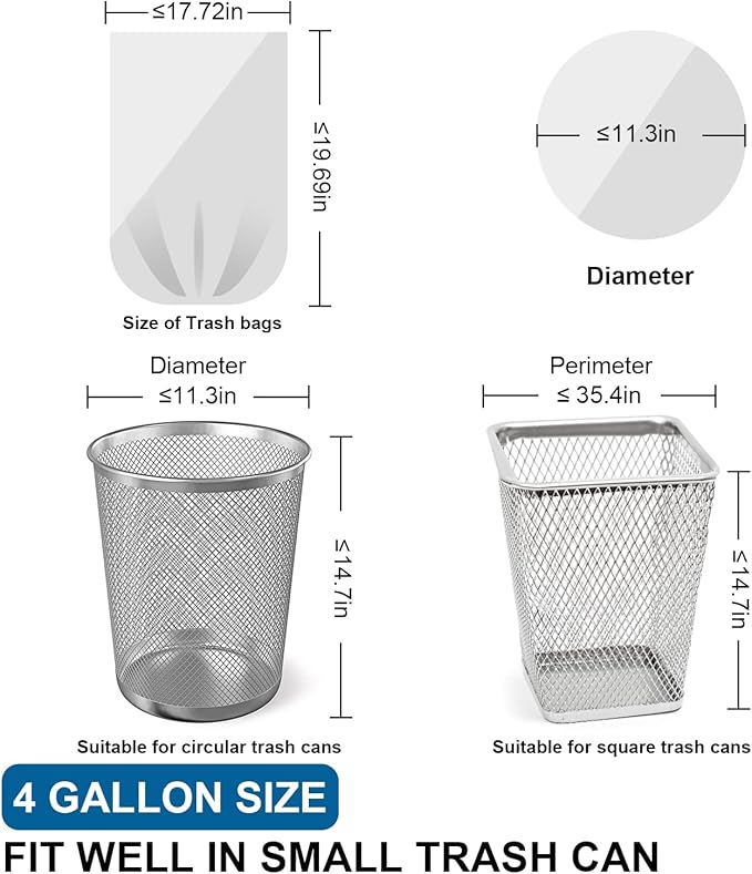 Small Trash Bags 4 Gallon with Drawstring, 1.1 Mil 15 Liter White Thick