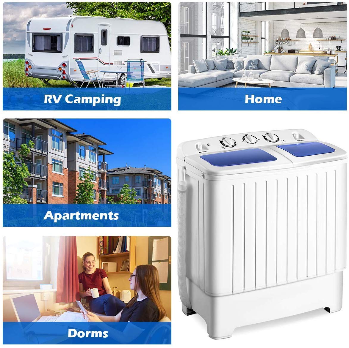Waitpant Portable Compact Twin Tub Washing Machine, Blue+ White
