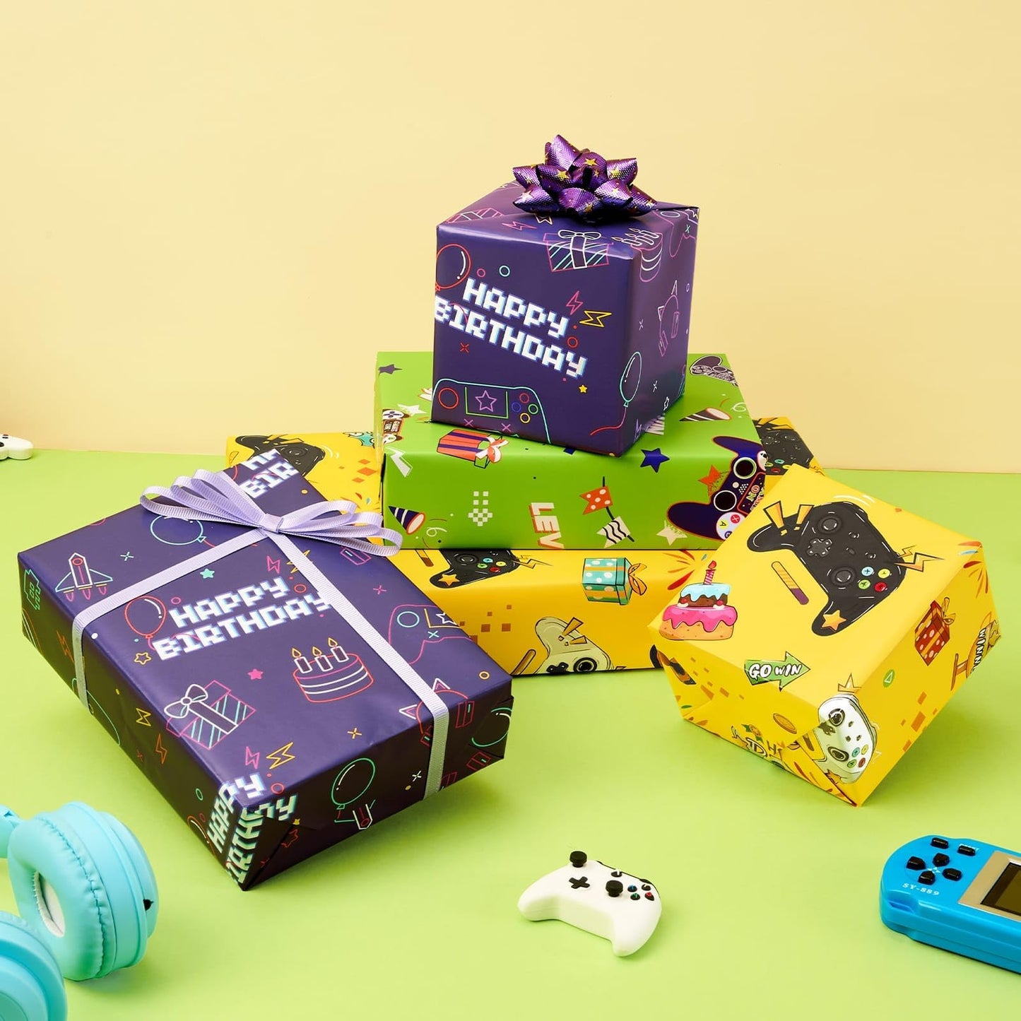 WERNNSAI Gaming Wrapping Paper - 3 Rolls 43 x 305cm Birthday Wrapping Paper Kids Boys Gift Wrap Green Yellow Birthday Wrap Paper with Cutting Lines