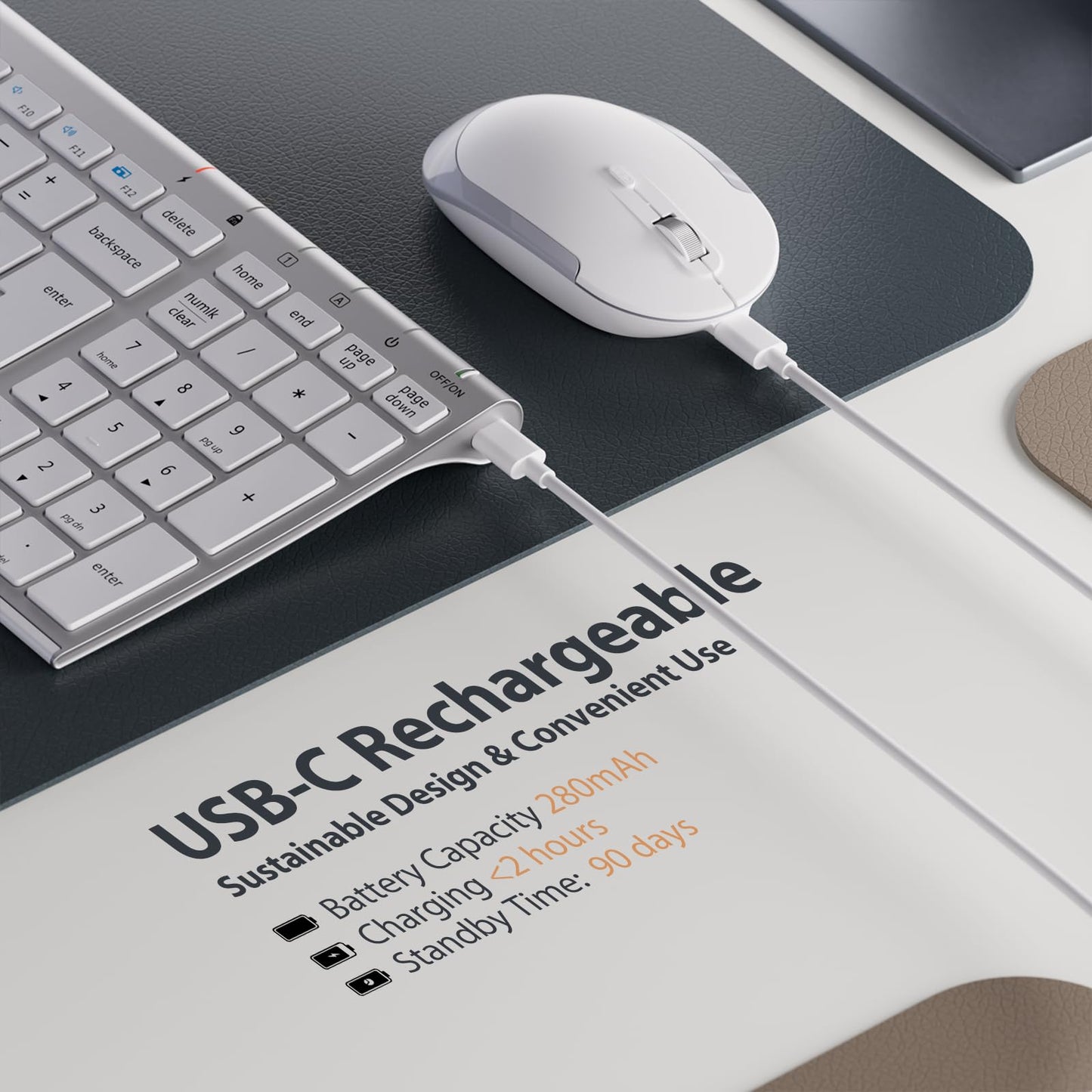 iClever GK03 Wireless Keyboard & Mouse Combo for Mac & Windows, 2.4G Rechargeable Wireless Keyboard Mouse, Silent Keys, Full Size, Portable Slim Ergonomic Design, QWERTY UK Layout, Silver and White