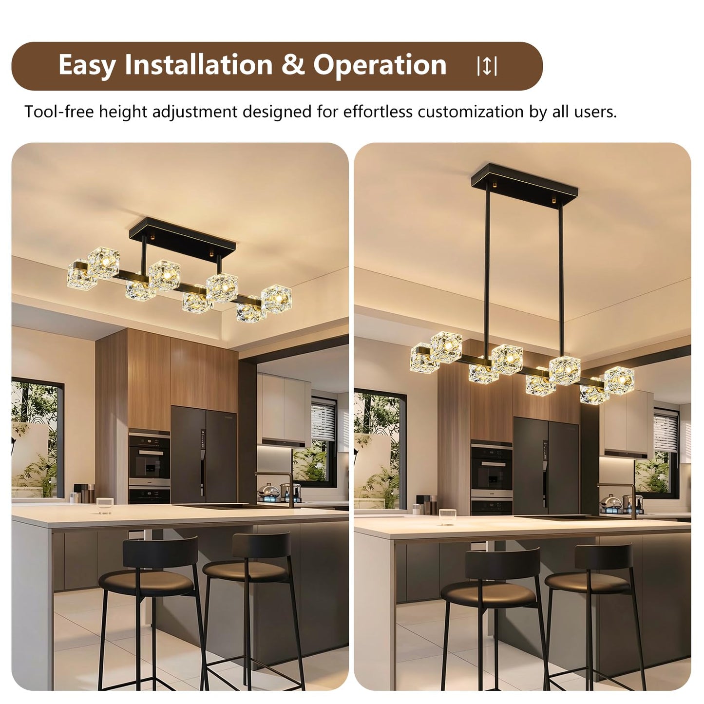 Krisosia Modern Black Crystal Chandelier, 8-Light Cube K9 Crystal Pendant Light with Adjustable Height, Farmhouse Dining Room Hanging Light for Kitchen Island, Living Room，Bedroom,Over Table
