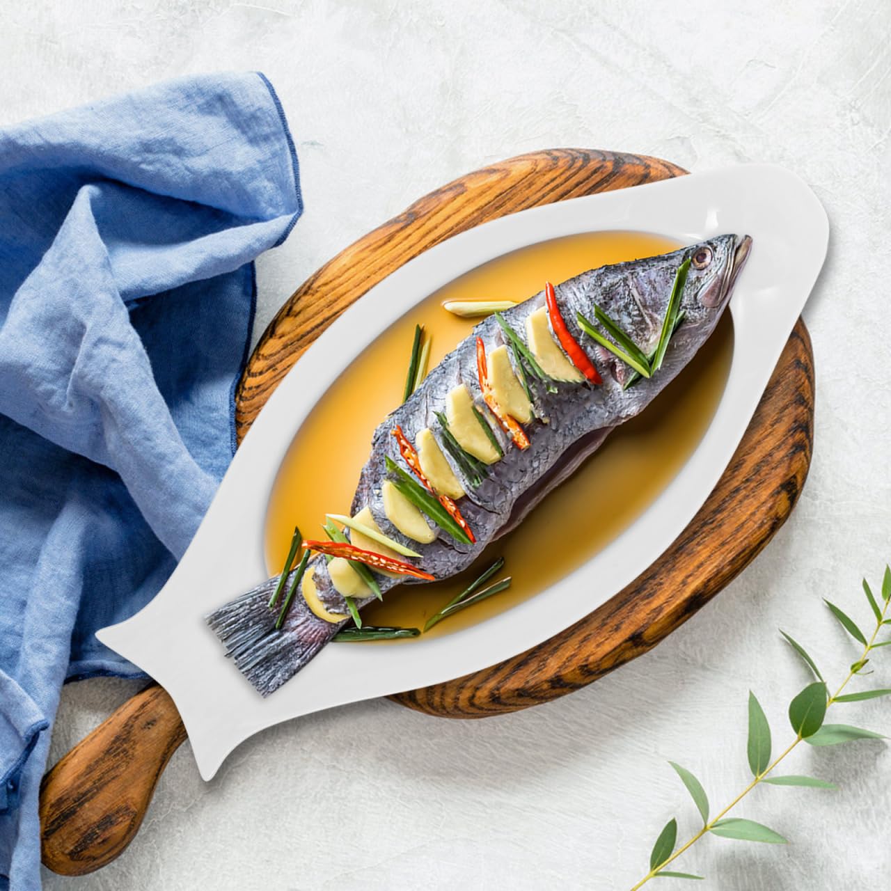 Hemoton Oval Ceramic Fish Plate 15.74X7.48In Pure White Steamed Fish Dish Serving Platter for Kitchen Dining and Entertaining
