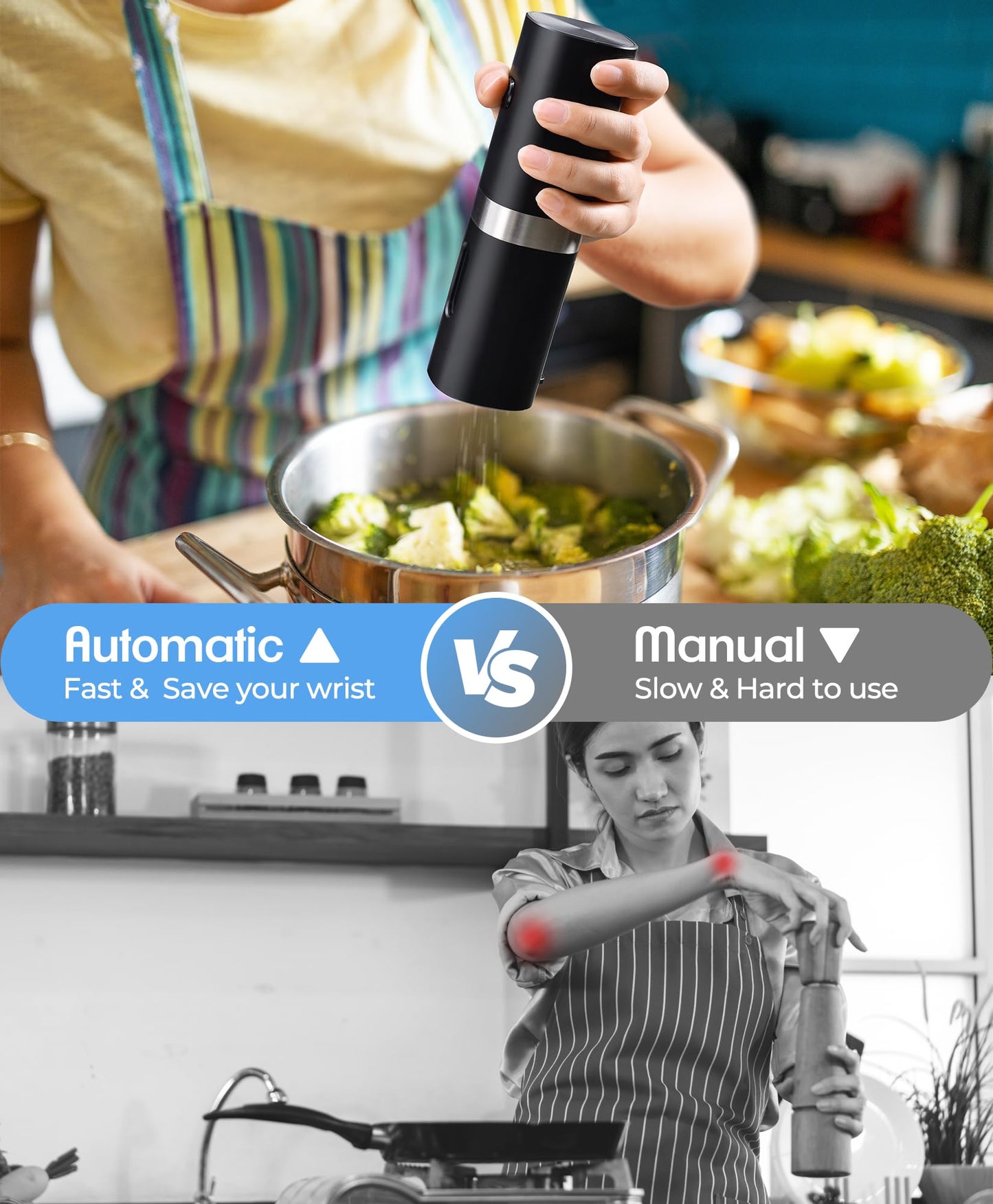Electric Salt and Pepper Grinder Set, New Rechargeable Salt and Pepper Mill with Charging Base, Adjustable Coarseness Shakers with LED Light, One Hand Operation for Kitchen Appliances Gifts for Women