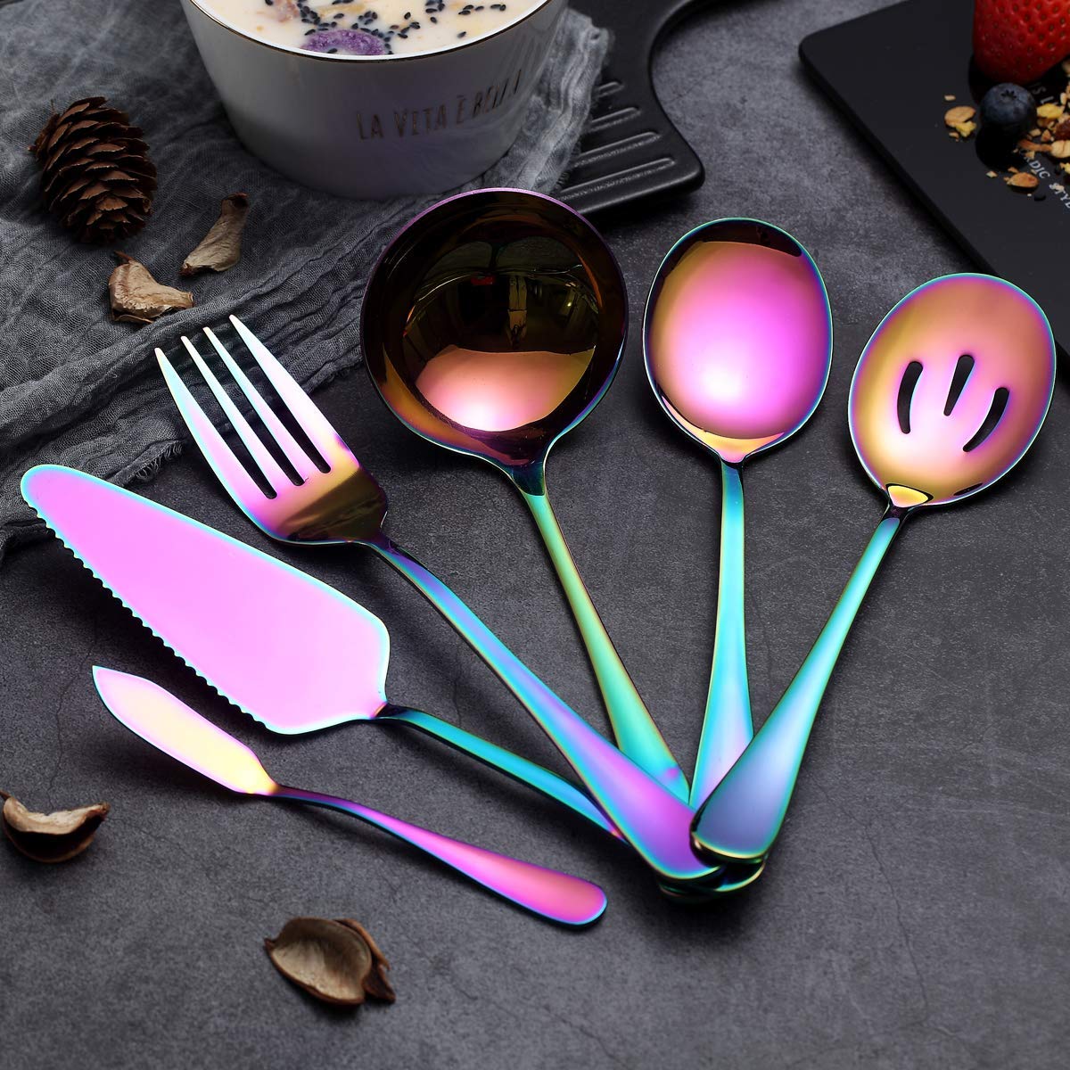 Rainbow Serving Spoons Set 6 Pieces, Serving Utensils Set Include Cake Server Slotted Spoon Serving Spoon Serving Fork Ladle Butter Knife Spreader Serving Set Dishwasher Safe