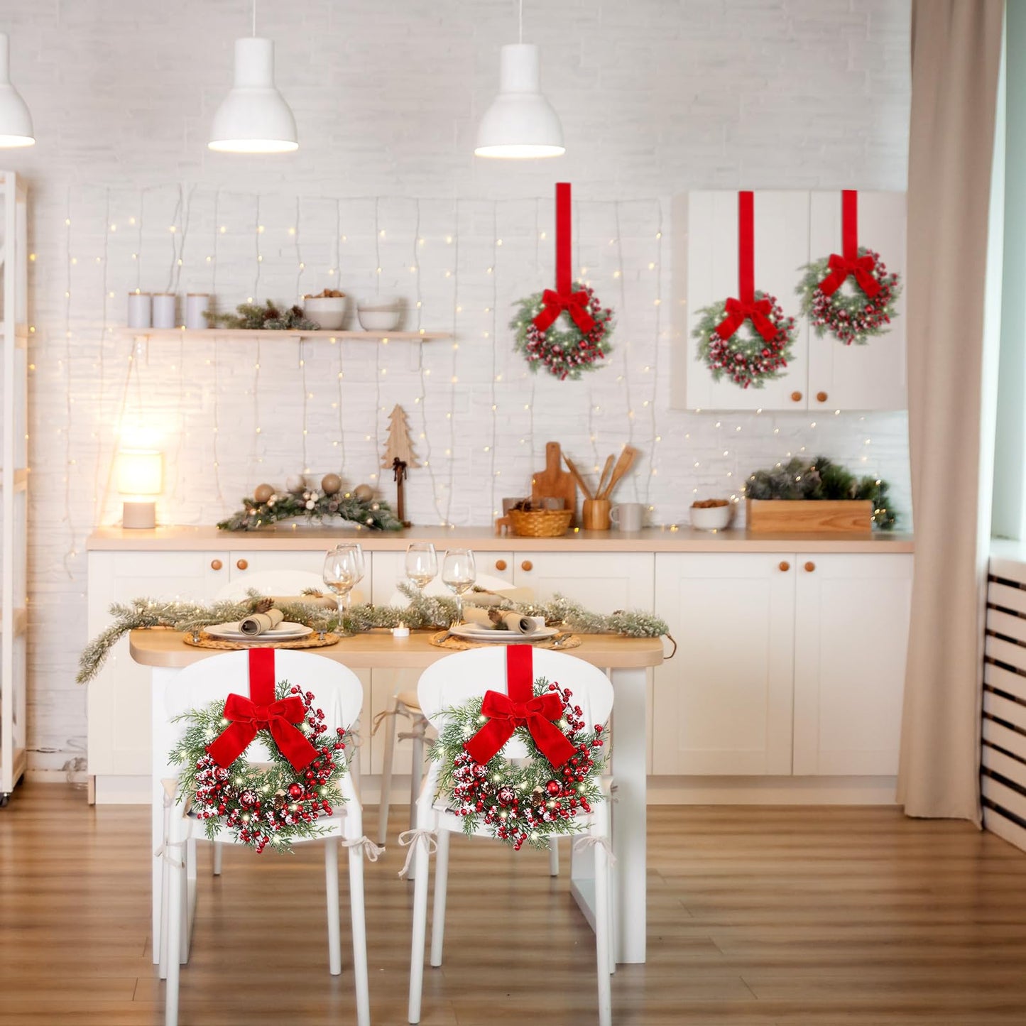 Hoteam 4 Pcs 9 Mini Decor Wreaths Small Cabinet Wreath with Rustic Bow Outdoor Decorations for Porch Window Farmhouse Decor(Bells and Red Berries)