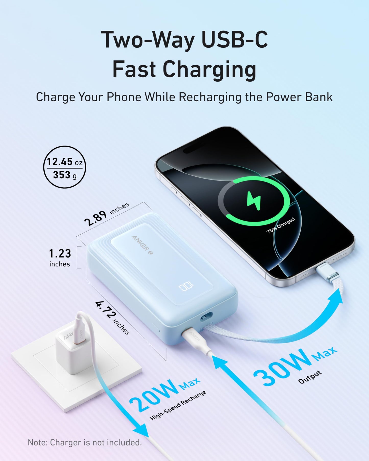Anker Zolo Power Bank, 20,000mAh 30W High-Speed Portable Charger with Built-In USB-C Cable, Battery Pack For iPhone 17/17 Air/17 Pro/17 Pro Max/16/15 Series, Galaxy, and More