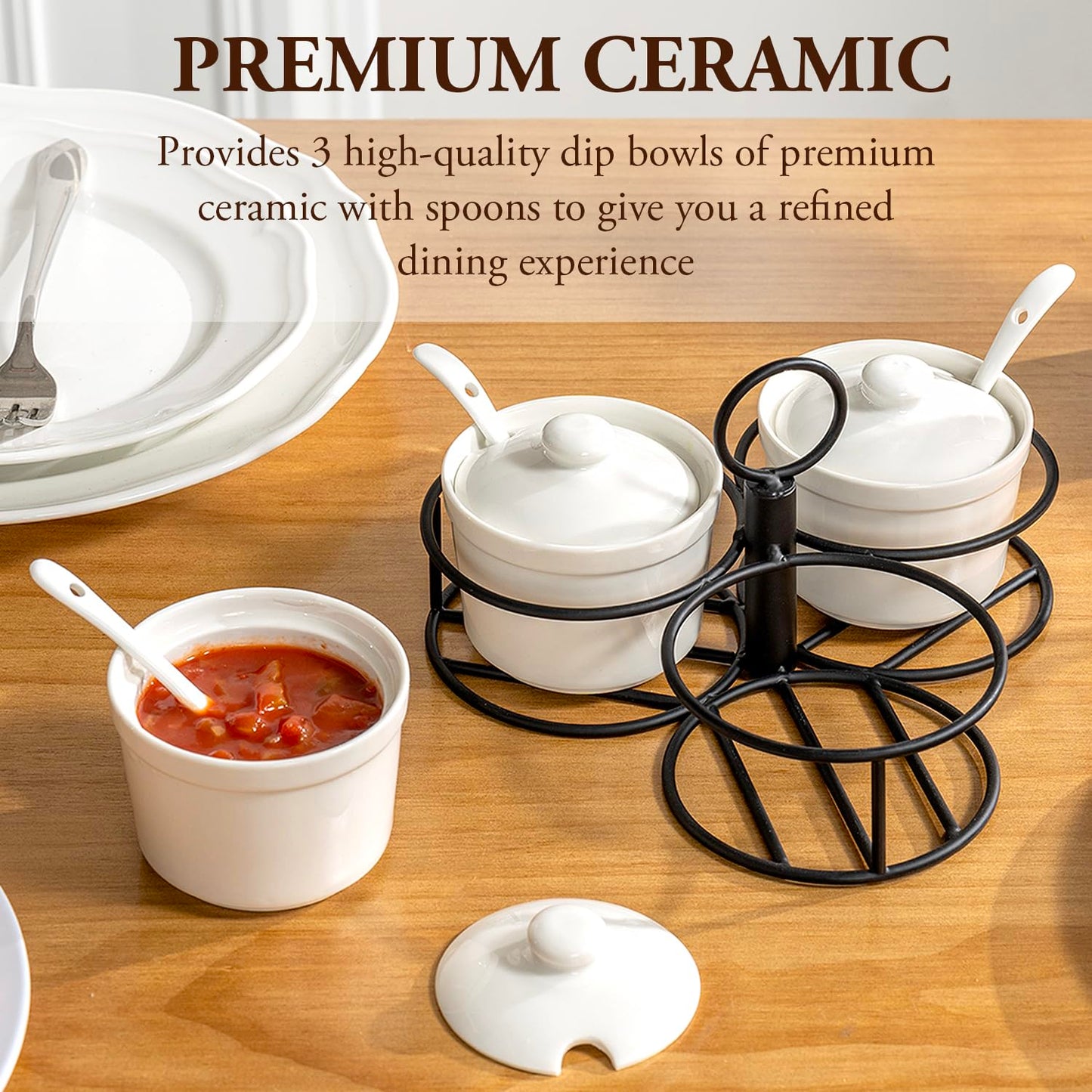 MyGift 10 Pc Set Ceramic Ramekin Condiment Dip Bowl with Lids and Spoons and Deluxe Modern Black Metal Wire Serving Rack for Sauces and Condiments