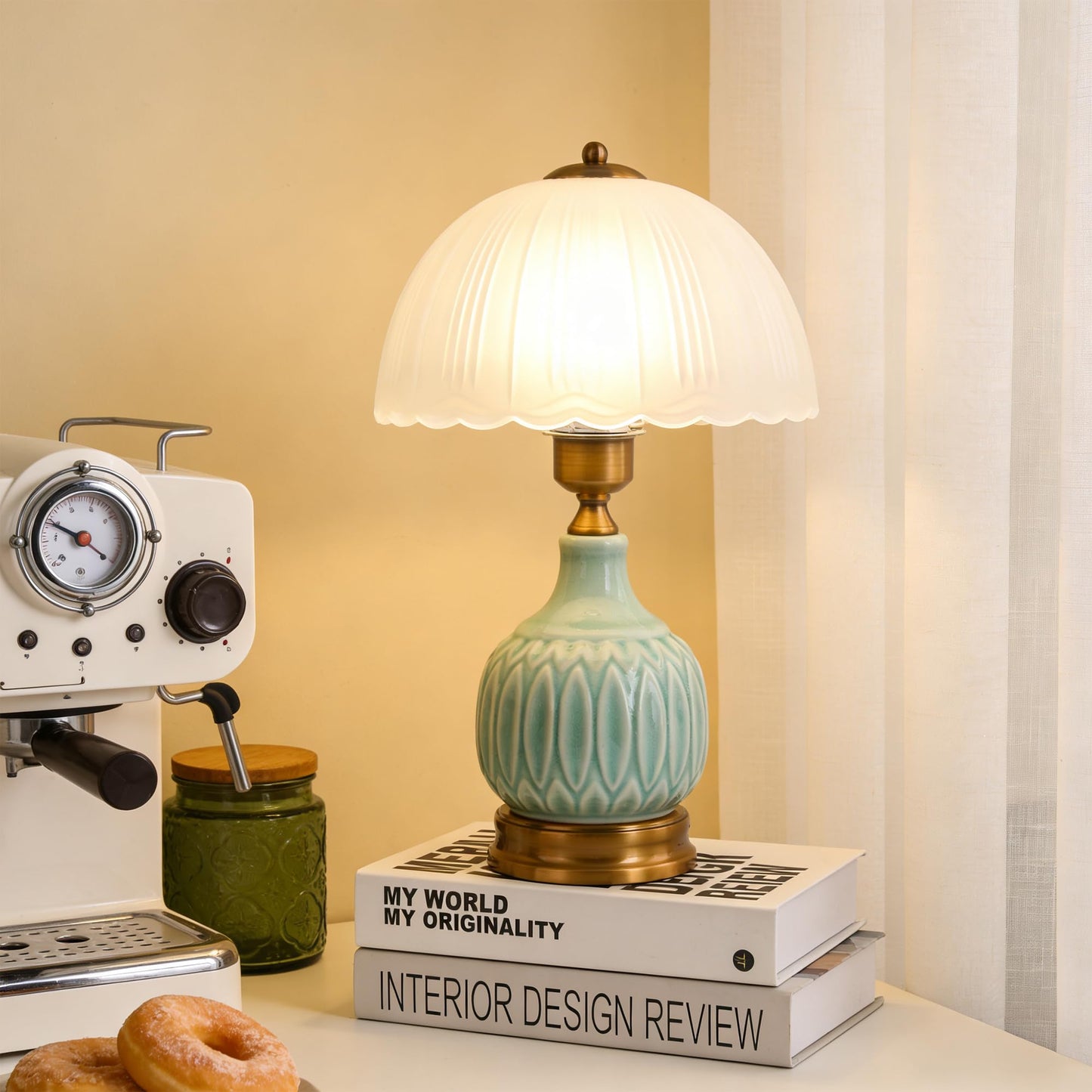 WELAISA Table Lamps Ceramic Retro Lamp for Living Room,15.7" Modern Bedside Nightstand Traditional Lamps, Classic Chinoiserie Green Glass Lamp for Home (Retro)