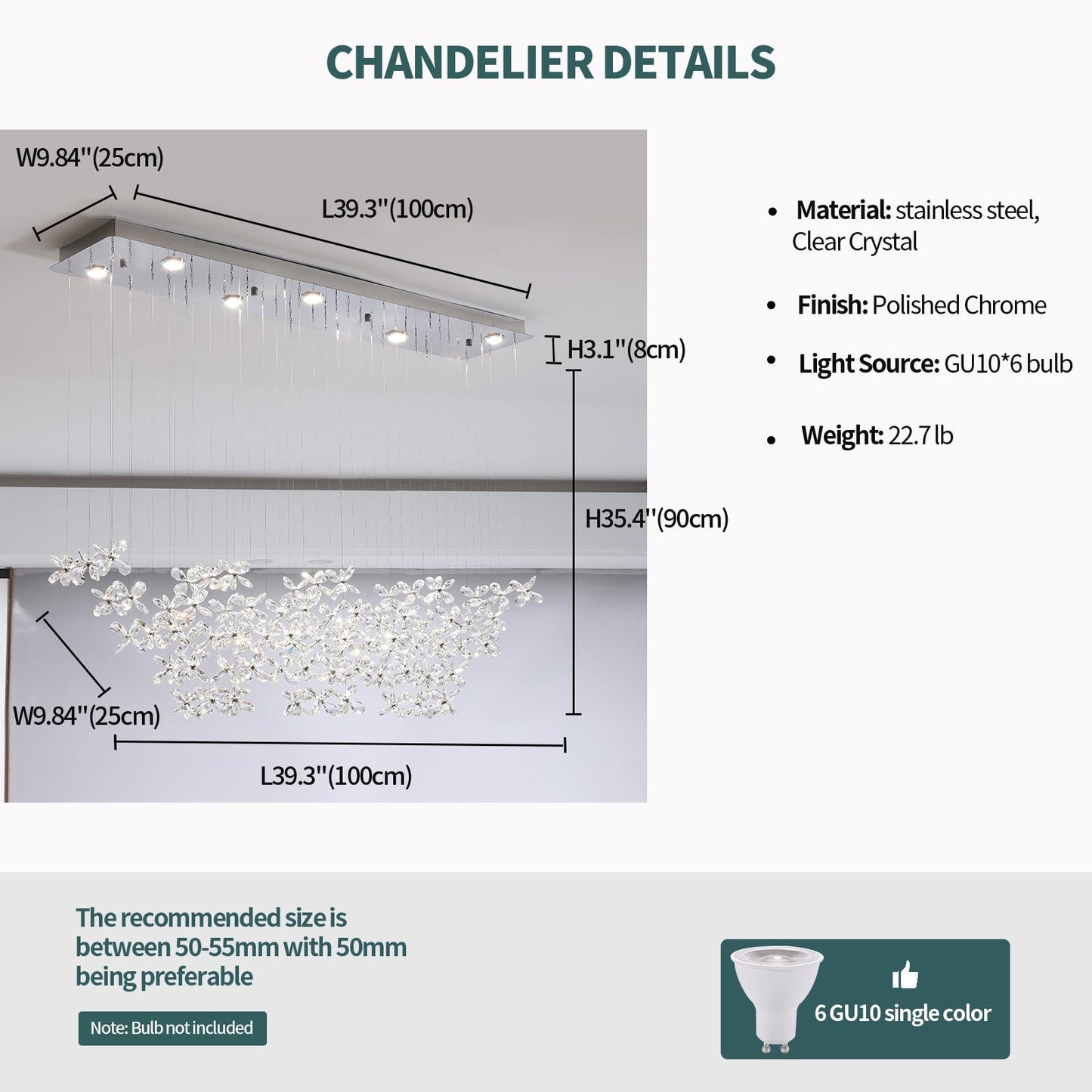 HAILUNBAO Rectangle Modern Dining Room Chandelier Kitchen Island K9 Crystal Raindrop Chandelier Sliver Linear Flower Chandelier for Dining Room Rain Drop Bling Lamps Kitchen Chandeliers Over Island