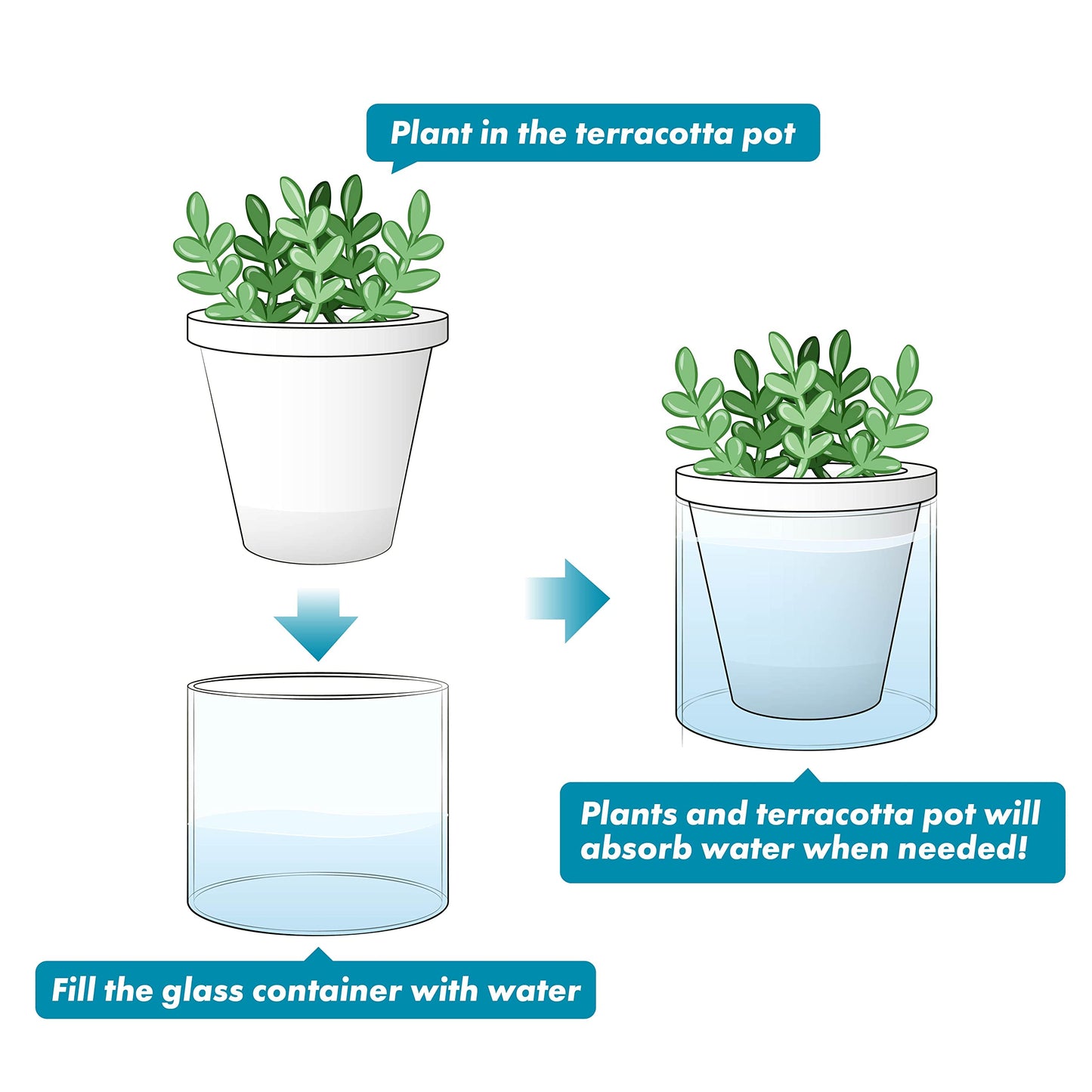 D'vine Dev 4 Inch Design Self Watering Planter for Indoor Plants, White Terracotta Pots with Cylinder Glass Cup, 37-X-A-2