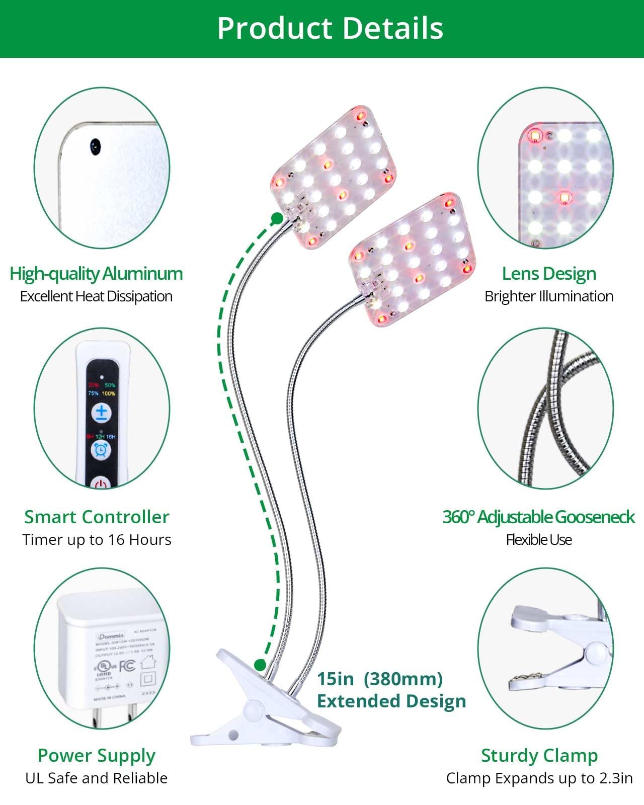 DOMMIA Plant Light, Dimmable Desk Clip on Plant Light for Indoor Plants with 6/12/16h Timer, Gooseneck Grow Lamps, Full Spectrum for Seeding, Succulent, Potted Plants, 2-Head