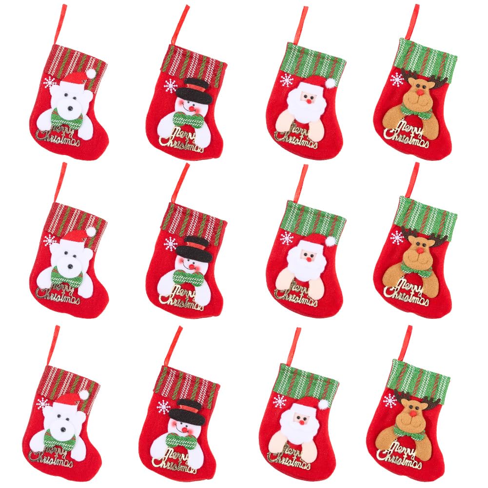SOFPLATE 4 Styles 12Pcs Mini Christmas Stockings Christmas Hanging Stockings Bulk 3D Plush Santa Snowman Reindeer Bear Decorations for Home Decorations Tree Ornaments Party Favor Supplies Gift Holder