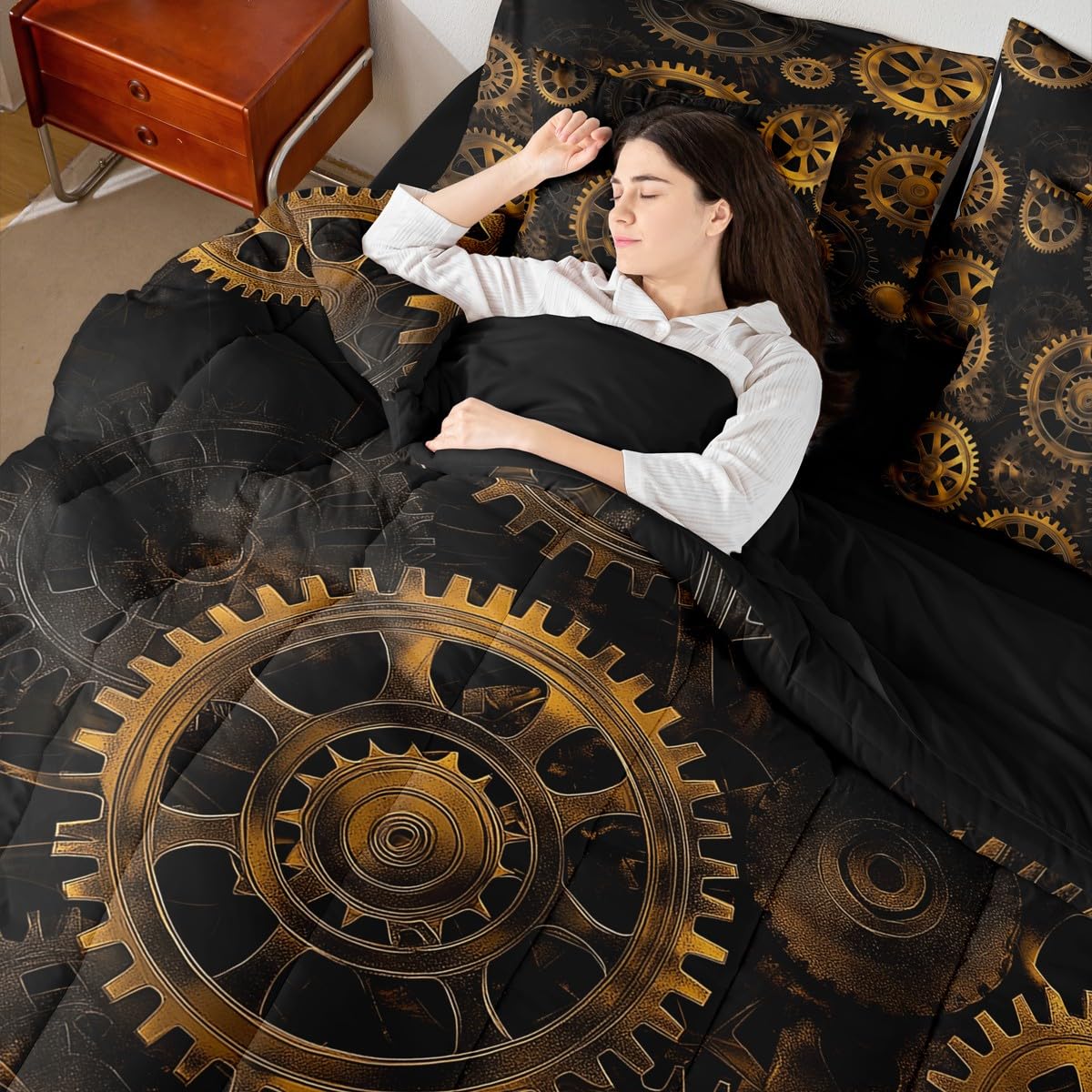 Erosebridal Golden Ndustrial Gear Full Comforter Set, Steampunk Style 7-Piece Bed in A Bag, Clocks Theme Sheets and Pillowcases, Retro Mechanical Device Kids Adult Bed Sets