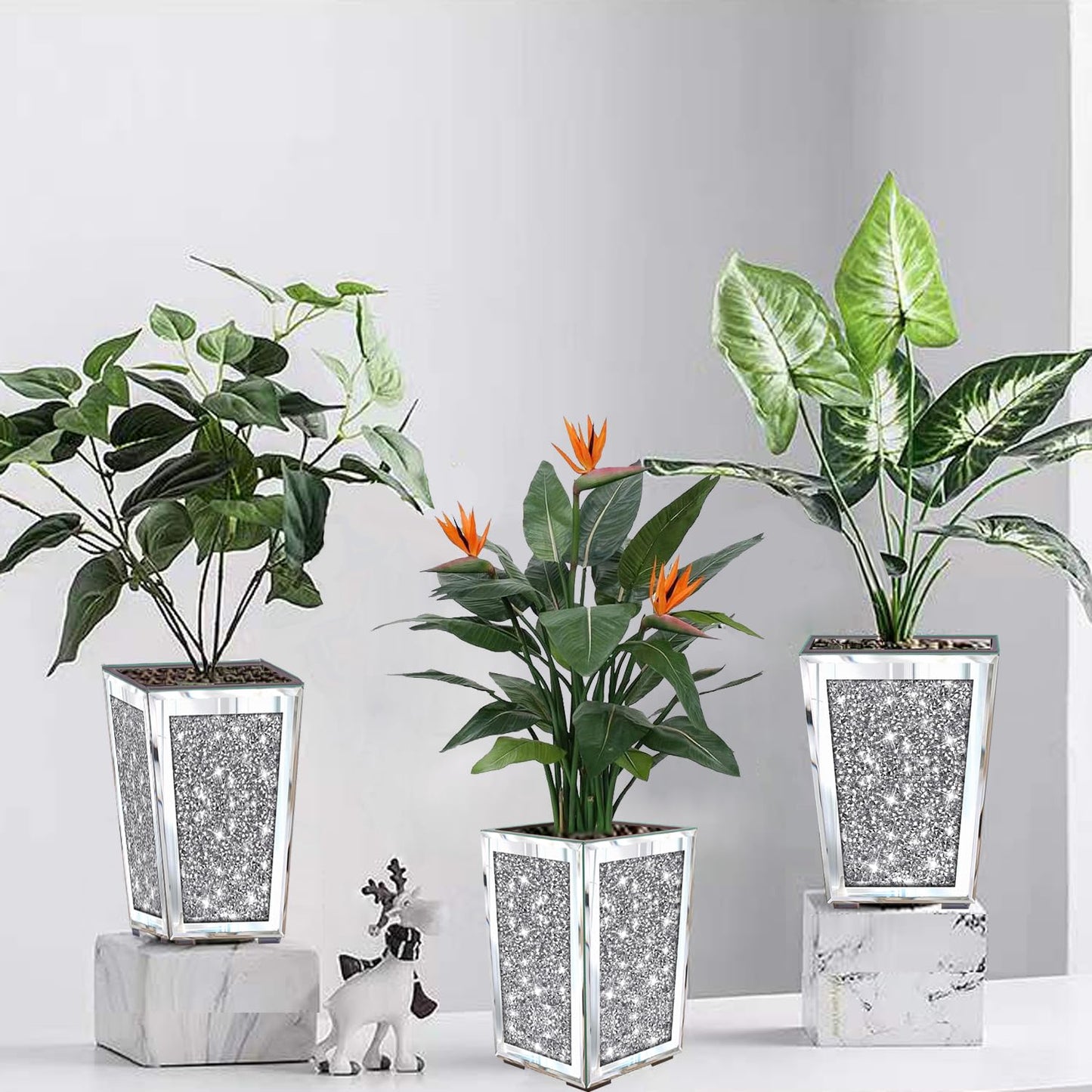 Meetart Crushed Diamond Mirrored Planter, Crystal Silver Glass Decorative Mirror Luxury Flower Pot ，with Drainage Hole and Tray for All House Plants, Succulents, Flowers, and Cactus.