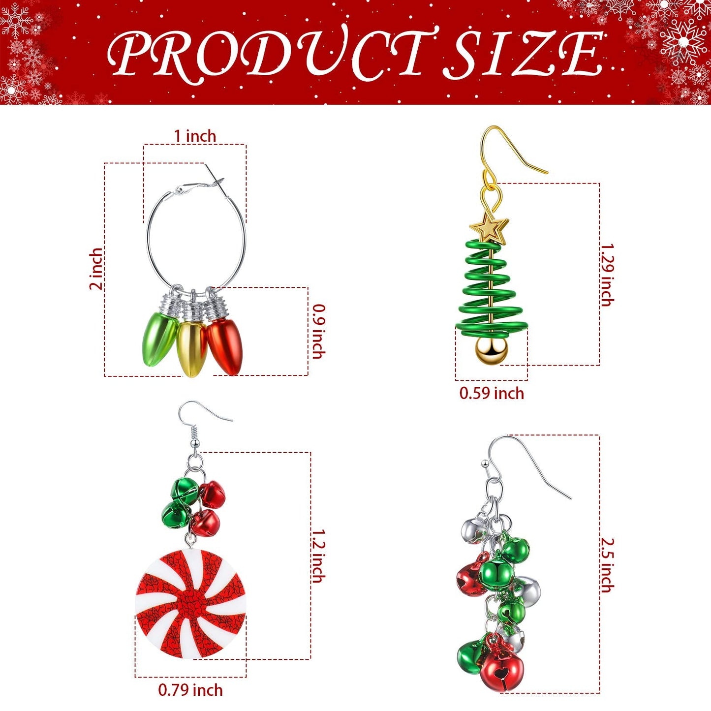Hicarer 4 Pairs Christmas Dangle Earrings Set Christmas Tree Bell Light Bulbs Hoop Earrings for Holiday Women(Cute Style)