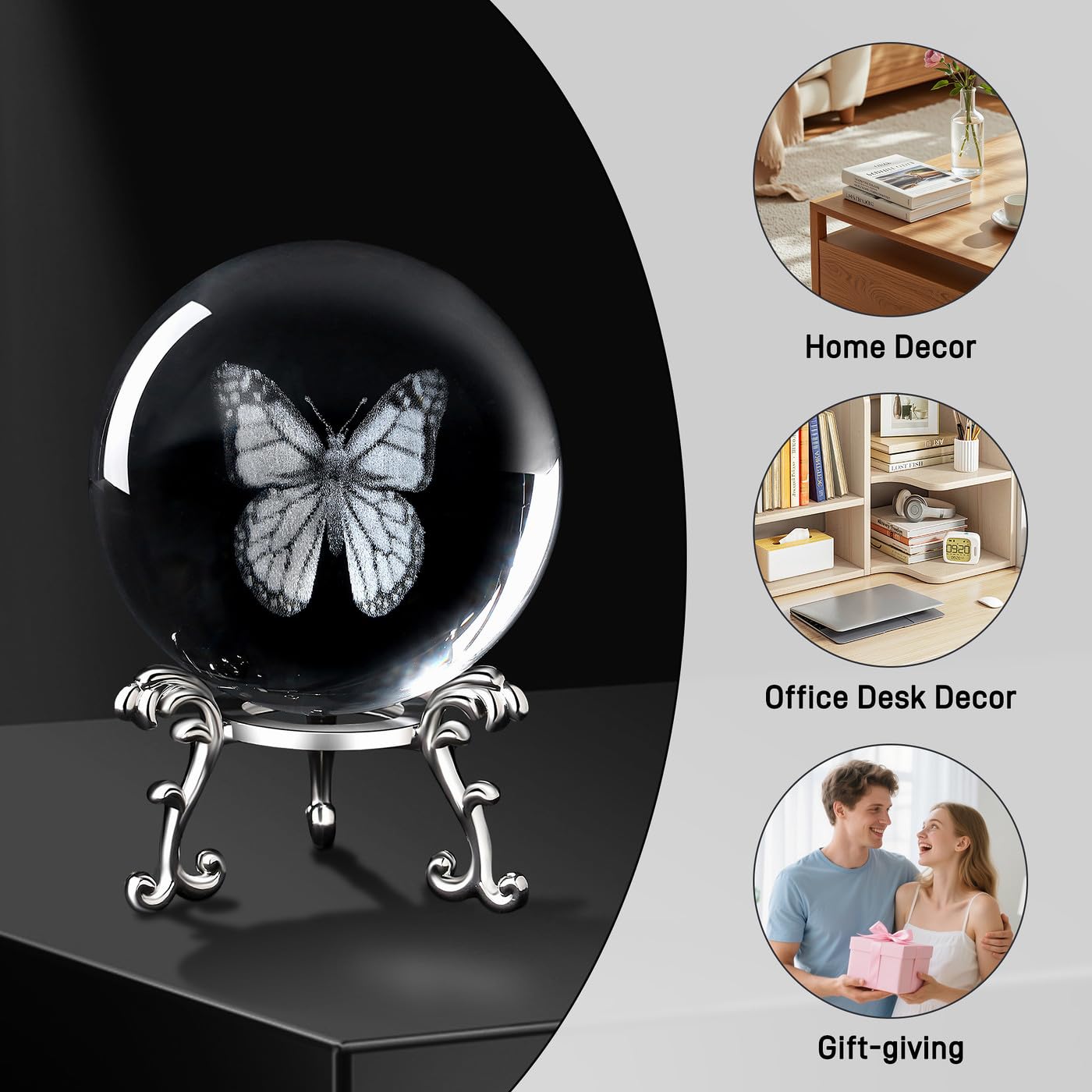MAIBAOTA 3D Crystal Butterfly Gifts for Women Butterfly Figurines 60mm Glass Laser Ball Paperweight with Stand Glass Sphere