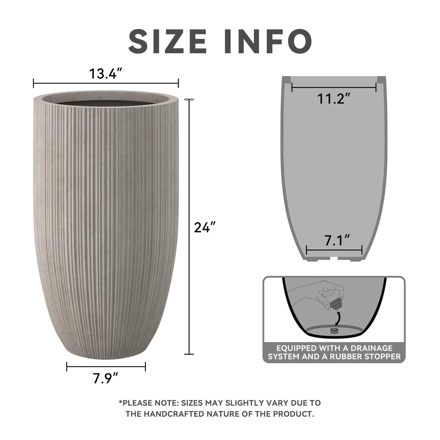Kante 24 Inch Tall Round Concrete Planter, Large Indoor Outdoor Plant Pots with Drainage Hole and Rubber Plug, Modern Decorative Garden Pots for Home Patio Porch, Textured Weathered Concrete