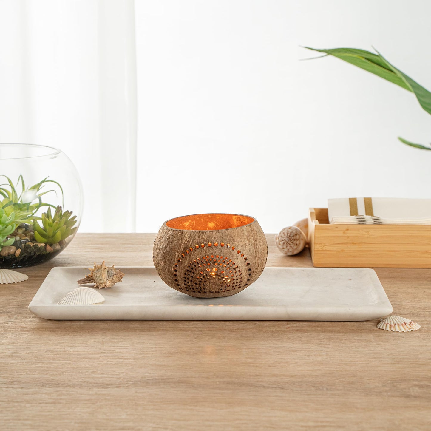 Restaurantware - Coco Casa 4 x 3.3 Inch Coconut Shell Candle Holders, 1 Reusable Tealight Candle Holders - Candle Not Included, Geometric Pattern, Tan Coconut Bowls for Candles, Handcrafted