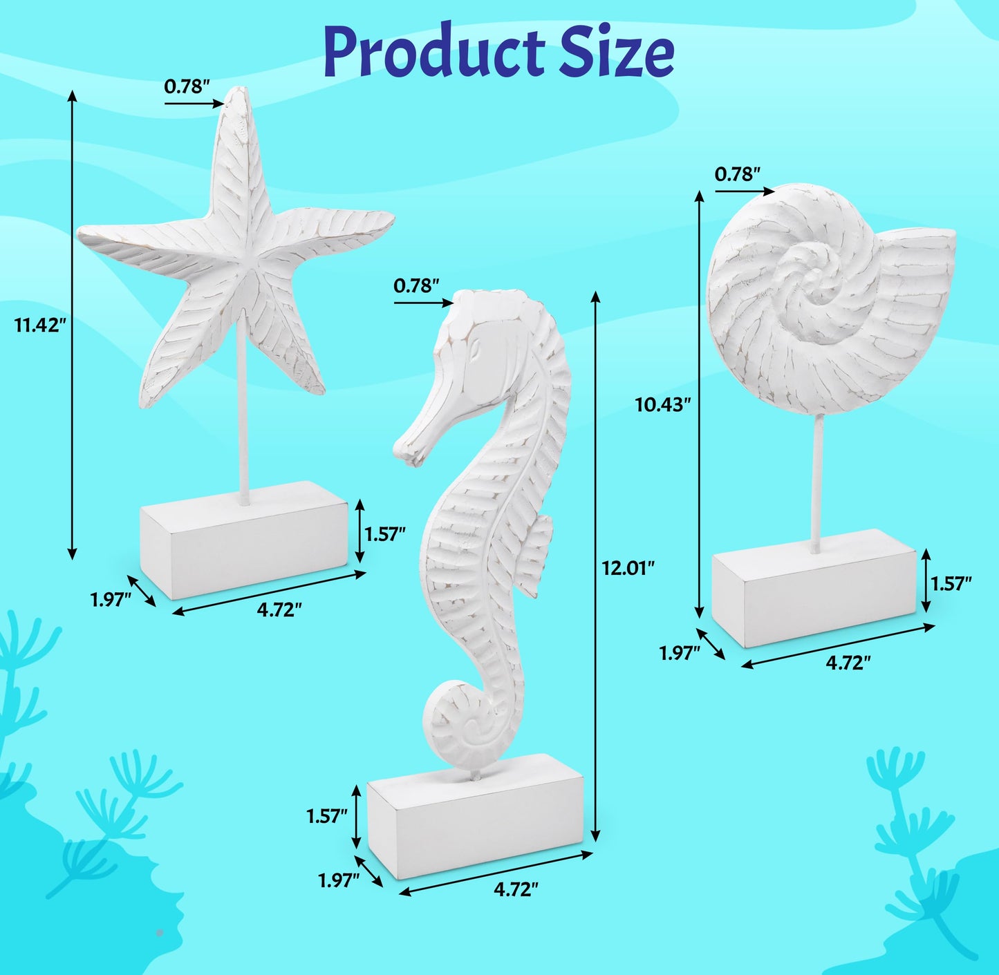 Gift Boutique 3Pcs Beach Nautical Style Figurines Wooden Tabletop Decor - Seahorse, Starfish & Conch Statue on Stands for Home, Beach House, Ocean Coastal Decorations