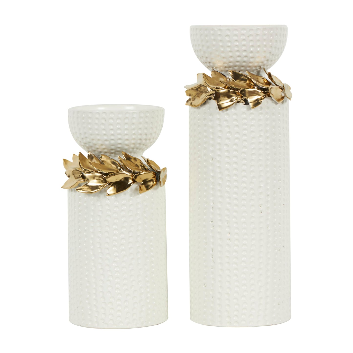 Deco 79 Ceramic Decorative Candle Holder Candle Stand with Abstract Spotted Pattern and Gold Leaf Accents, Set of 2 Candlestick Holder 12", 9" H, White