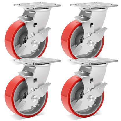 W B D WEIBIDA 5 Inch Industrial Casters, Heavy Duty Casters 4000 LBS, Low Noise Polyurethane Wheels on Steel Hub Swivel Plate Caster Wheels Shelving, Gantry Crane, Platform Truck(4 Brake)