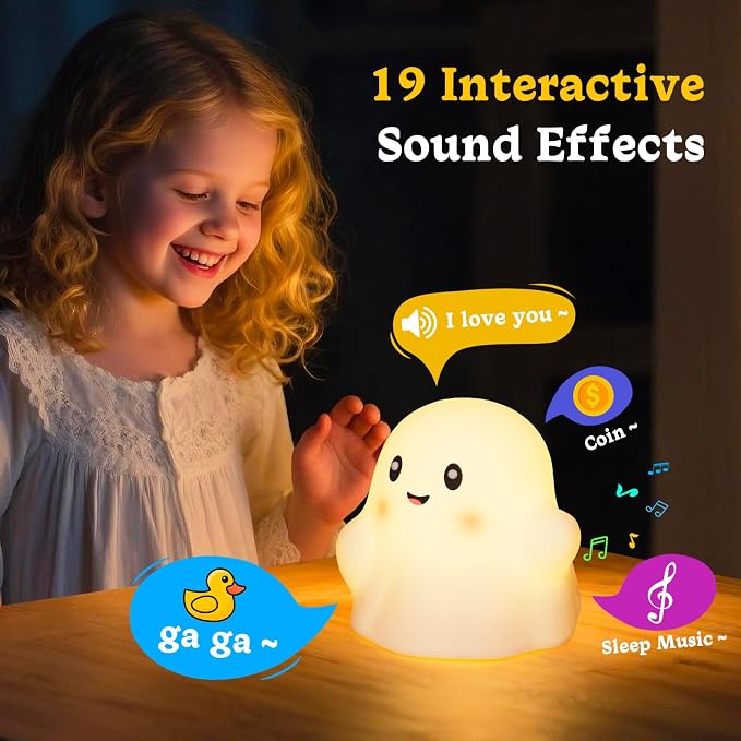 Rechargeable Night Light for Kids - Silicone Lamp with Touch Sensor for Kids Room - LED Squishy Night Light for Baby Nursery with 19 Interactive Sounds/3 Light Modes/30-Min Timer