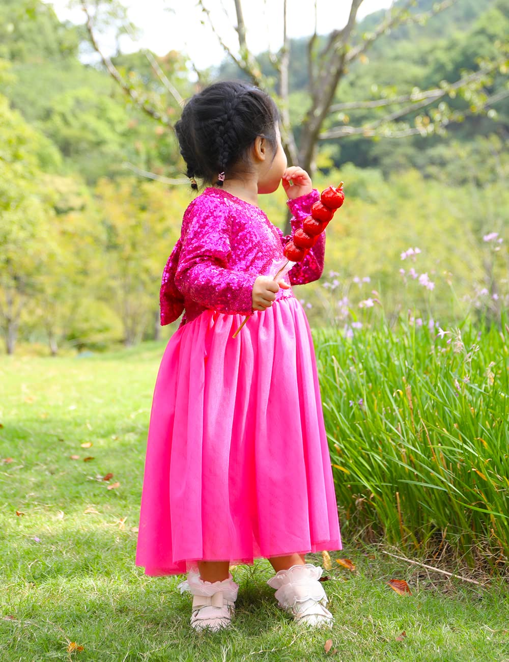 Cilucu Flower Girl Sequin Baby Toddler Long Sleeve Dress Tutu Kids Party Birthday Christmas New Year Dress Hot Pink 2T-3T