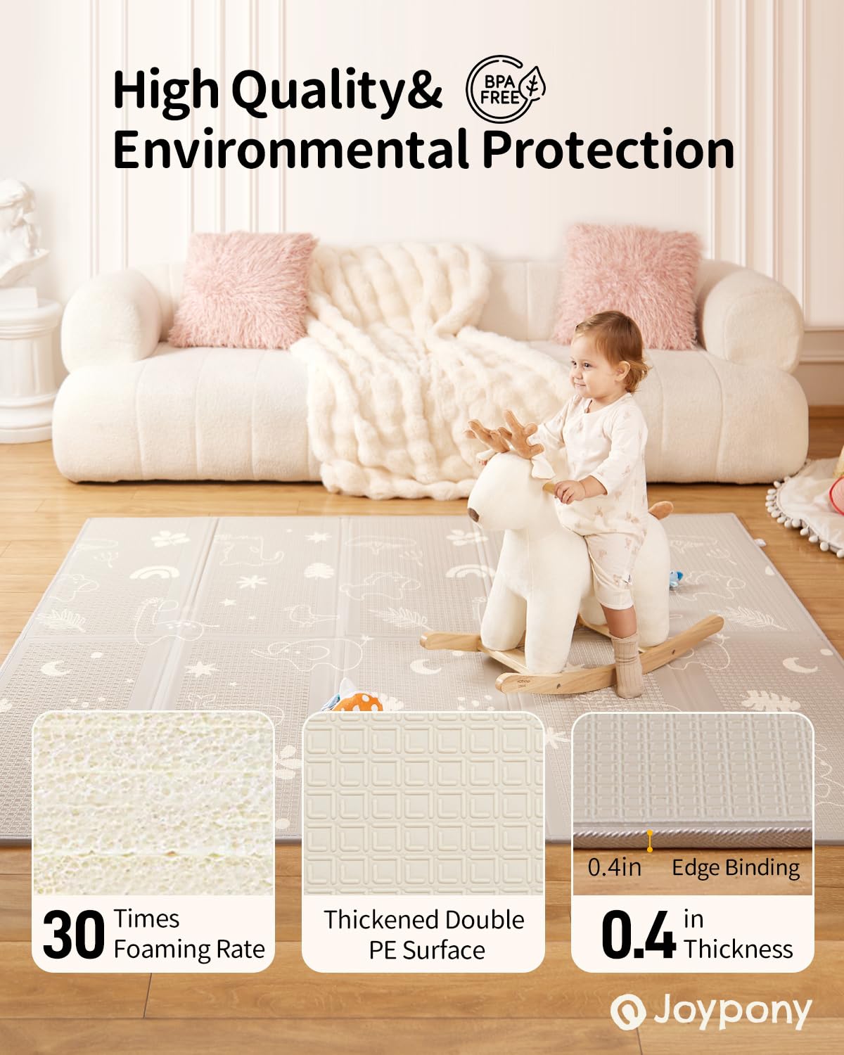 Joypony Play Mat, 120x120 CM Foldable Baby Play Mats for Babies and Toddlers, Waterproof & Anti-Slip Portable Baby Floor Mat, Baby Mat for Floor with Travel Bag