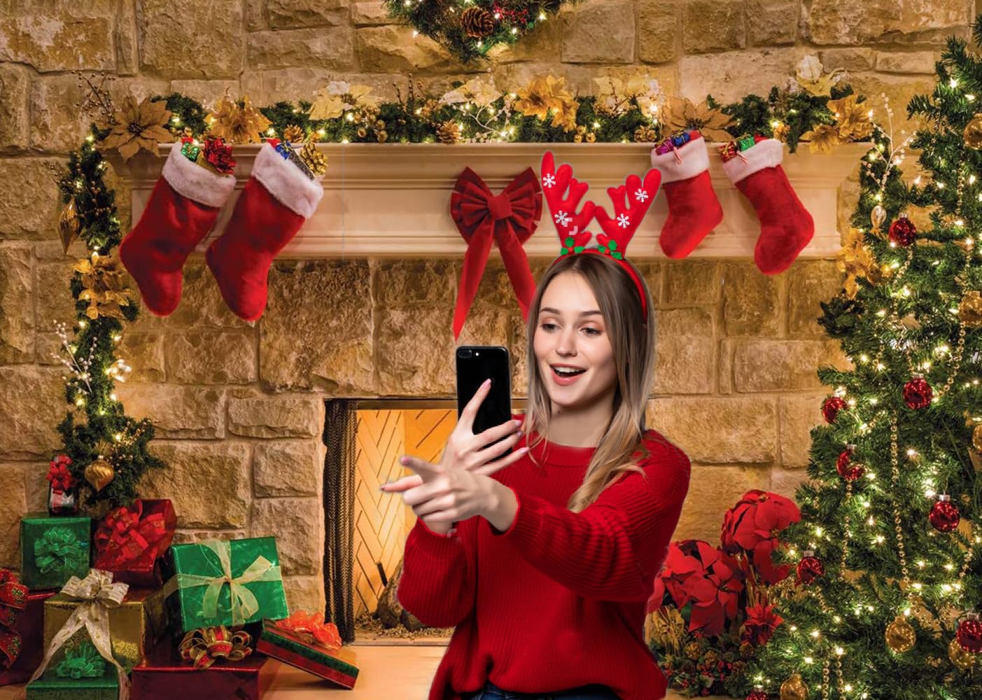 CYLYH 7x5ft Christmas Backdrops Christmas Fireplace Theme Backdrop Tree Sock Decorations for Xmas Party Supplies Photo Background Pictures Banner