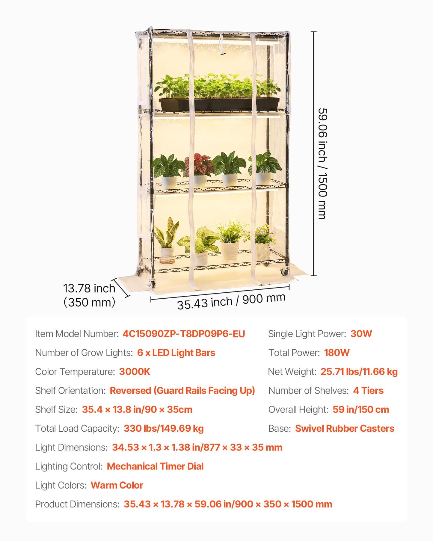 VEVOR Indoor Greenhouse with Grow Light, 59 in Tall 4-Tier Plant Stand with Clear Cover, Timer & Hygrometer, 180W Full Spectrum Grow Lights, Metal Lighted Plants Shelf Holder for Indoor Plants