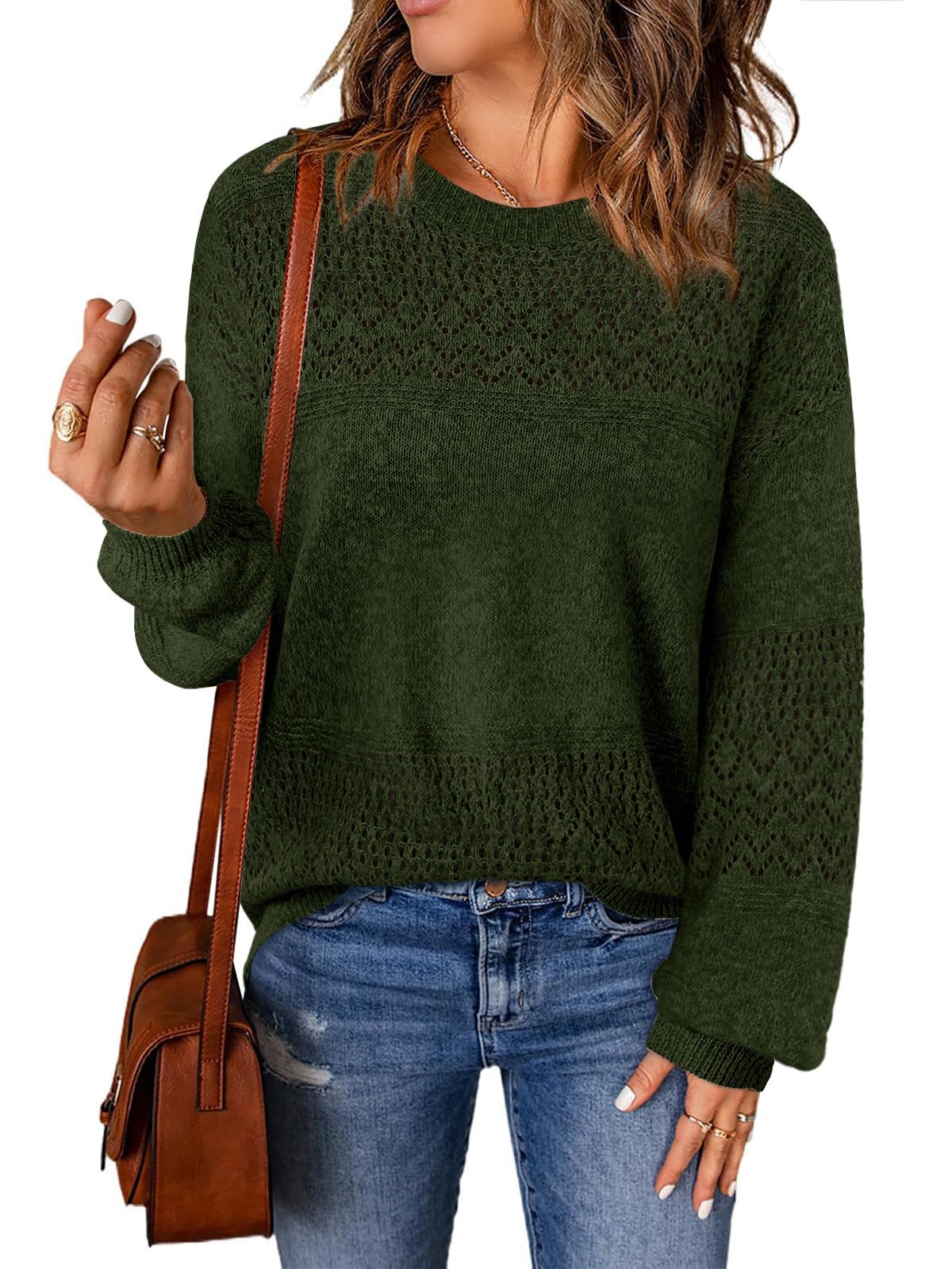 Lylinan Womens Sweaters Casual Boho Long Sleeve Shirts Crewneck Lightweight Crochet Tops Pullover Knit Sweater