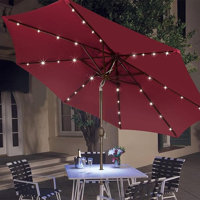 Blissun 9 ft Solar Umbrella, 32 LED Lighted Patio Umbrella, Table Market Umbrella, Outdoor Umbrella for Garden, Deck, Backyard, Pool and Beach (Burgundy)