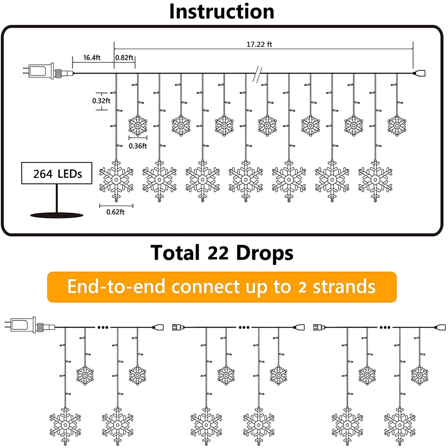 Christmas Snowflake Lights Outdoor, 17.22ft 264 LED Snowflake Icicle Lights with 22 Drops, 8 Modes connectable Plug In Christmas Light Waterproof for Eaves, Garden, Indoor & Outdoor Xmas Decor (White)