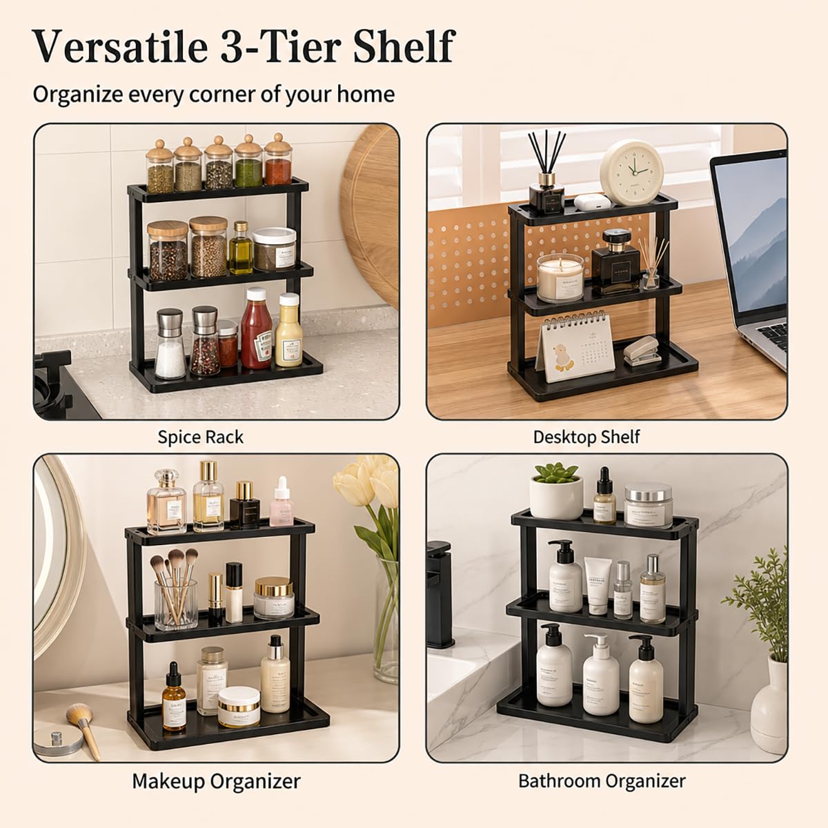 PEKER Bamboo Bathroom Organizer Countertop – Vanity Storage Shelf for Makeup, Perfume, Skincare – Natural Cosmetics Display Rack for Dresser, Sink, Kitchen – Black