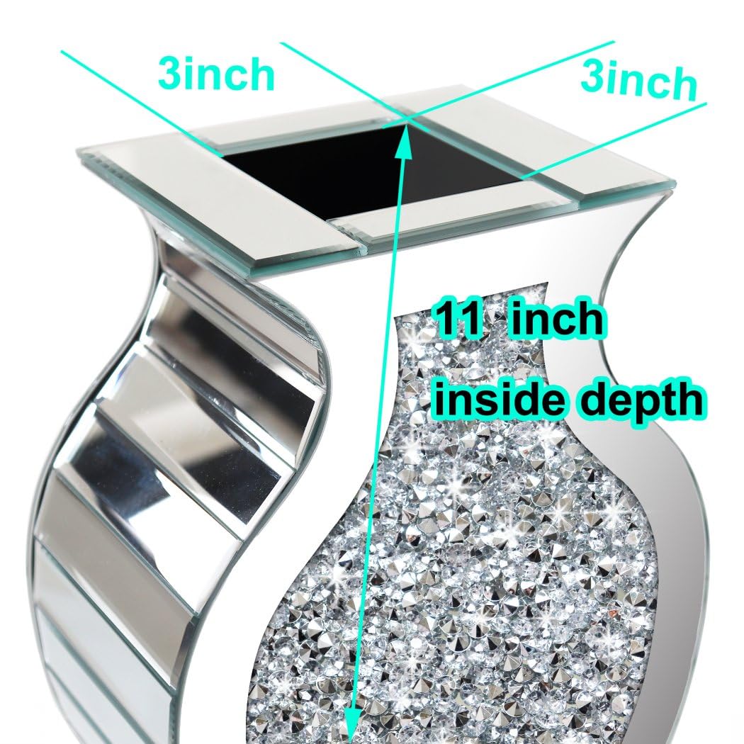 Crushed Diamond Mirrored Vase 15" S-Curve Silver Sparkle Decor Centerpiece