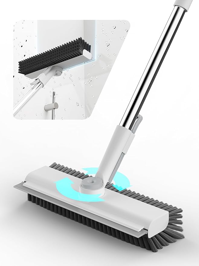 Floor Scrub Brush with Long Handle, 3 in 1 Scrape and Heavy-Duty Stiff Bristle