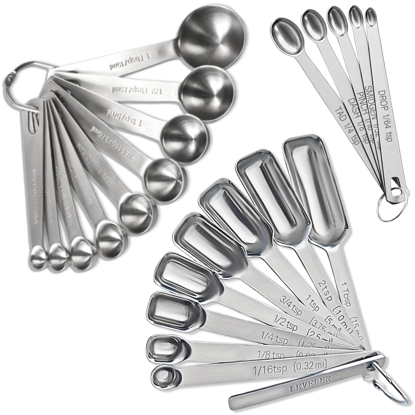 23 Pcs Stainless Steel Measuring Spoons Set with Leveler, Metal Round & Rectangular Spoons plus 5 Mini Teaspoons for Precise Cooking and Baking, Standard Sizes with Clear Engraved Markings